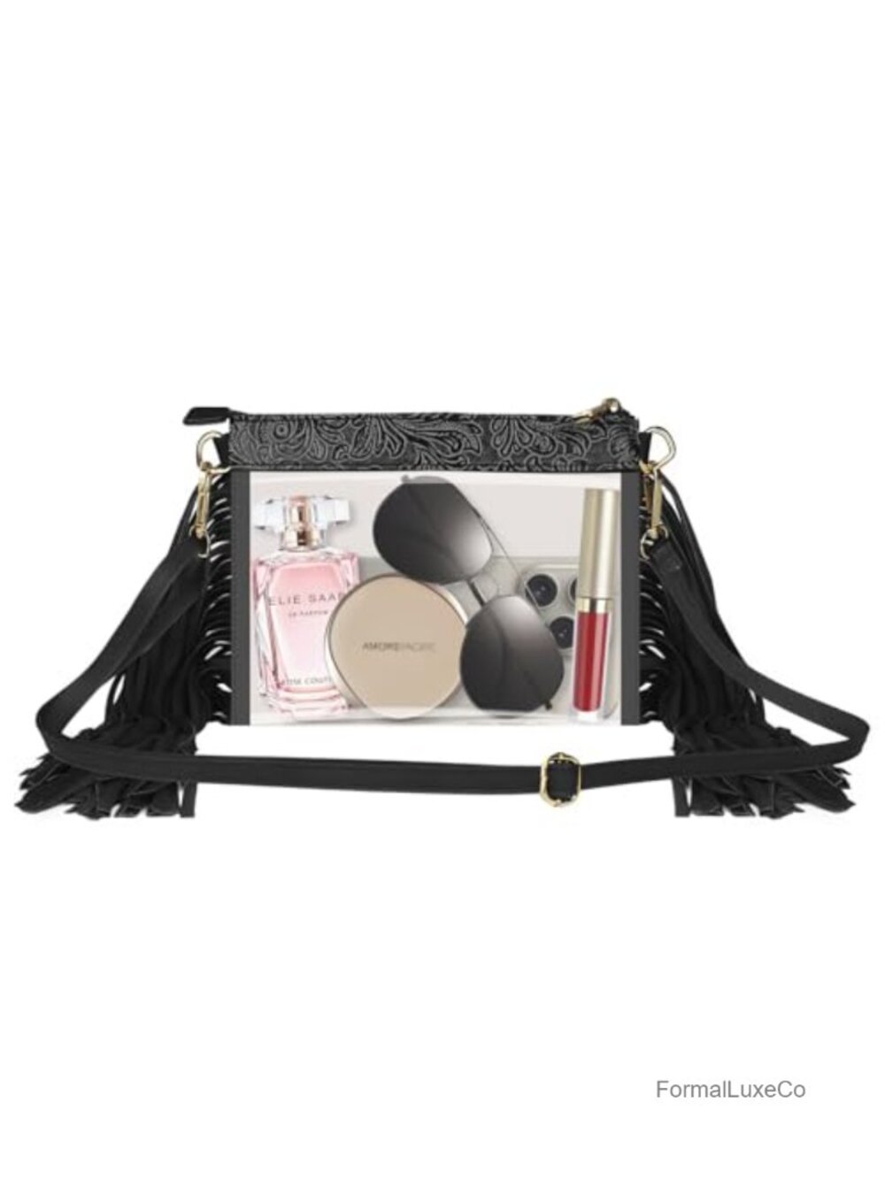 Clear Fringe Crossbody Purse with Leather Trim